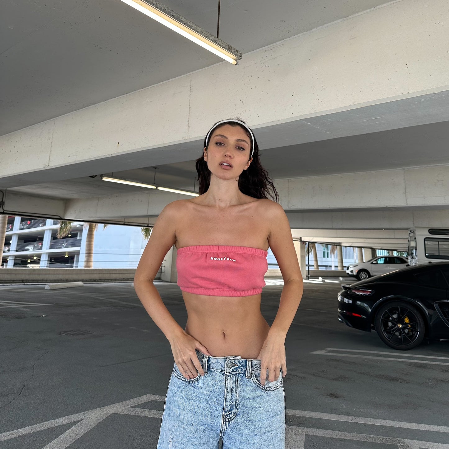 honeydew lounge girl wearing cute girly sweatshirt bandeau crop top