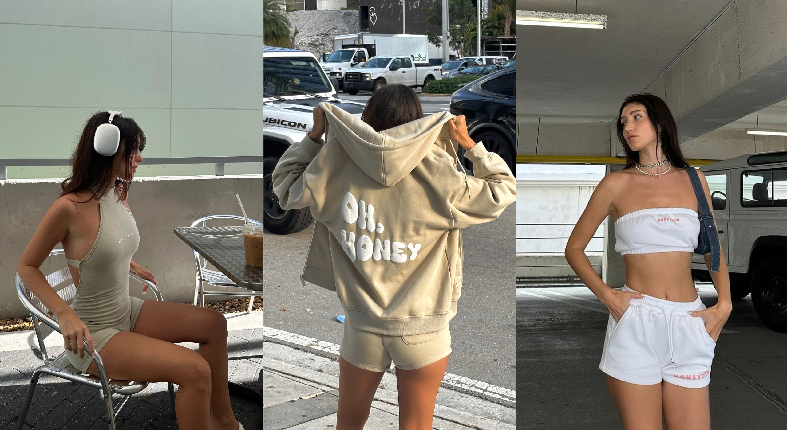 girl wearing neutral beige loungewear including a onesie playsuit, sweatshirt and sweat shorts, and bandeau top