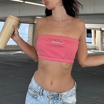 honeydew lounge girl wearing cute girly sweatshirt bandeau crop top 